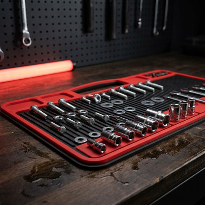 Apex Magnetic Tool Mat on a workbench holding bolts and sockets