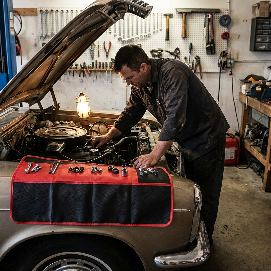 Apex Magnetic Tool Mat resting on a car fender during an engine bay job