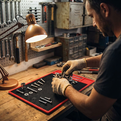 Mechanic using the Apex Magnetic Tool Mat at a garage workbench