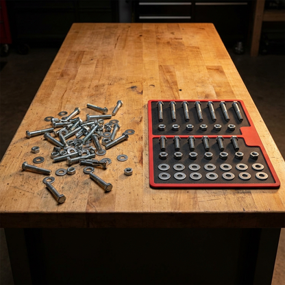 Scattered loose bolts versus parts organized on the Apex Magnetic Tool Mat
