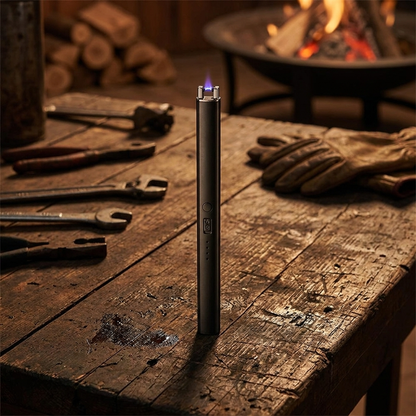 Apex Electric Arc Lighter on a garage workbench with the arc glowing